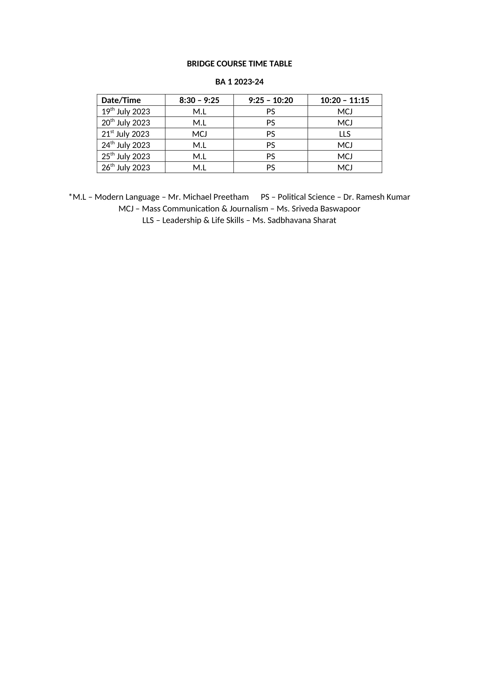 Schedule for Bridge Course 2023